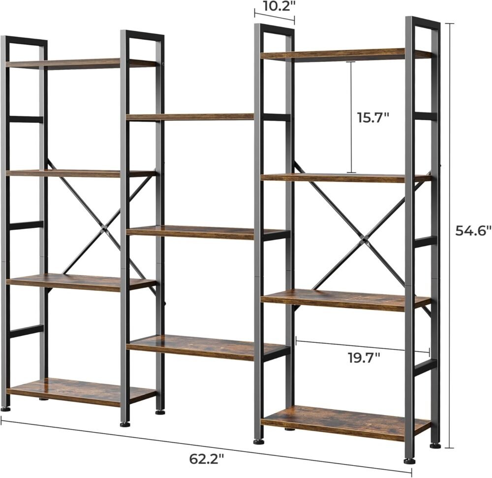 SUPERJARE Triple 4 Tier Bookshelf, Bookcase with 11 Open Display Shelves, Wide Book Shelf Book Case for Home & Office, Rustic Brown - Image 3