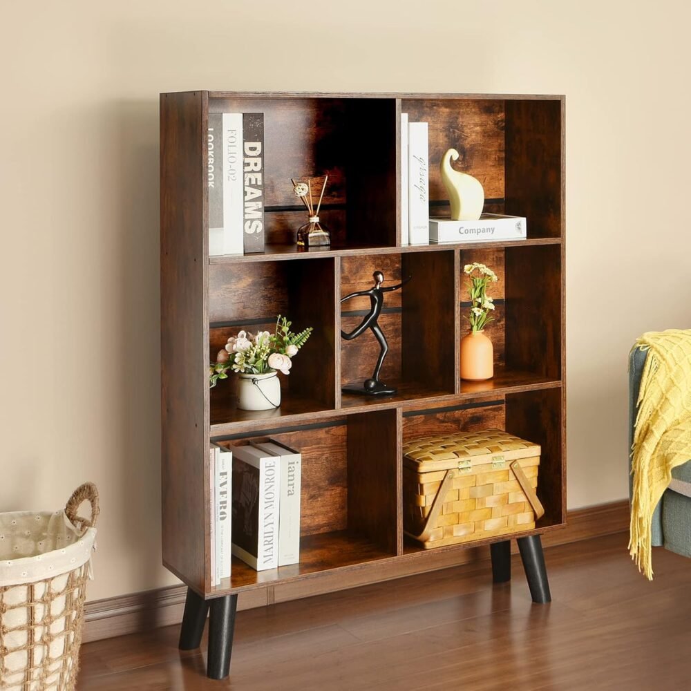 LEYAOYAO Cube Bookshelf 3 Tier Mid-Century Rustic Brown Modern Bookcase with Legs,Retro Wood Bookshelves Storage Organizer Shelf,Freestanding Open Book Shelves for Bedroom,Living Room,Office - Image 4