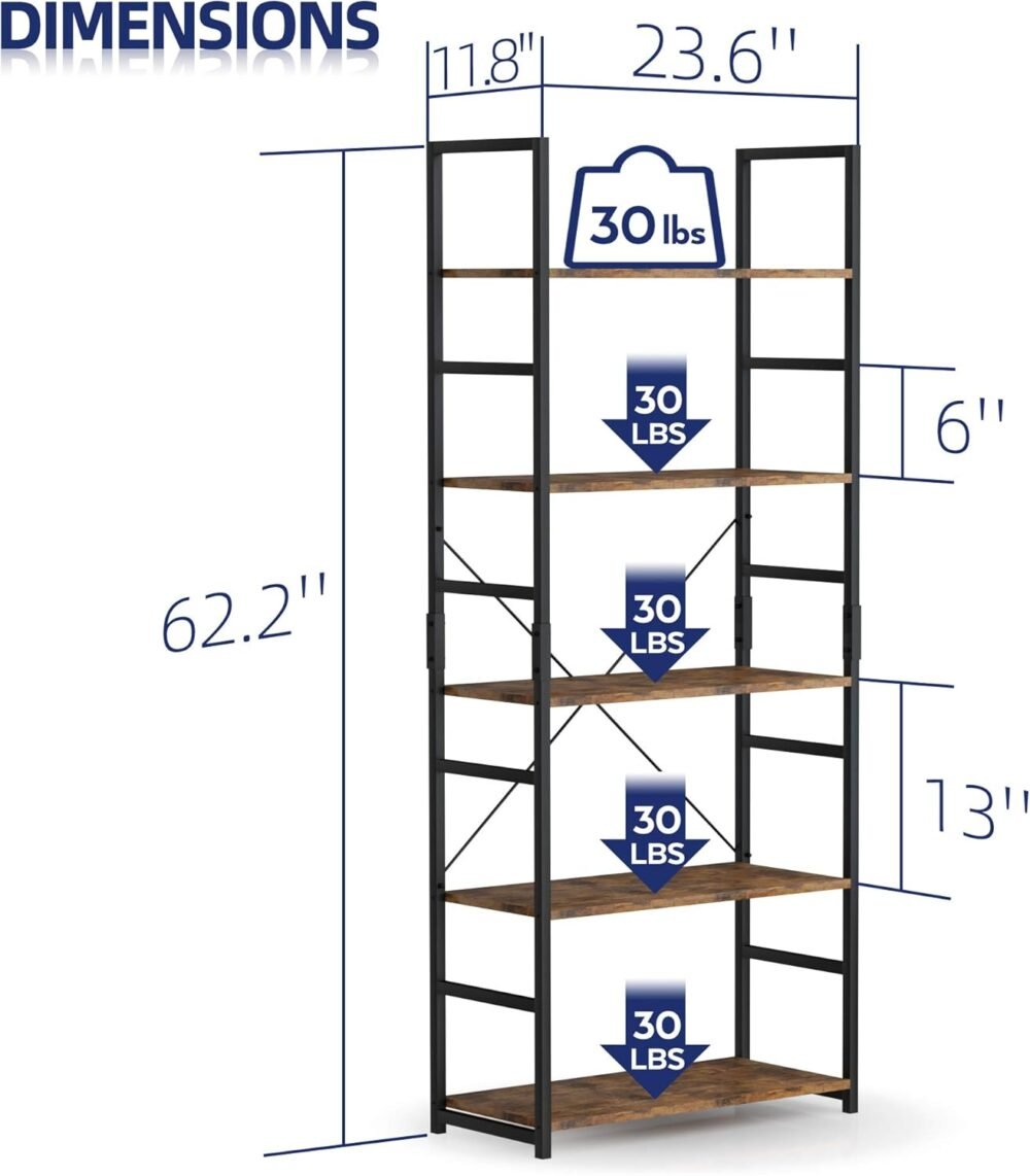 NUMENN 5 Tier Bookshelf, Tall Bookcase Shelf Storage Organizer, Modern Book Shelf for Bedroom, Living Room and Home Office, Vintage - Image 3
