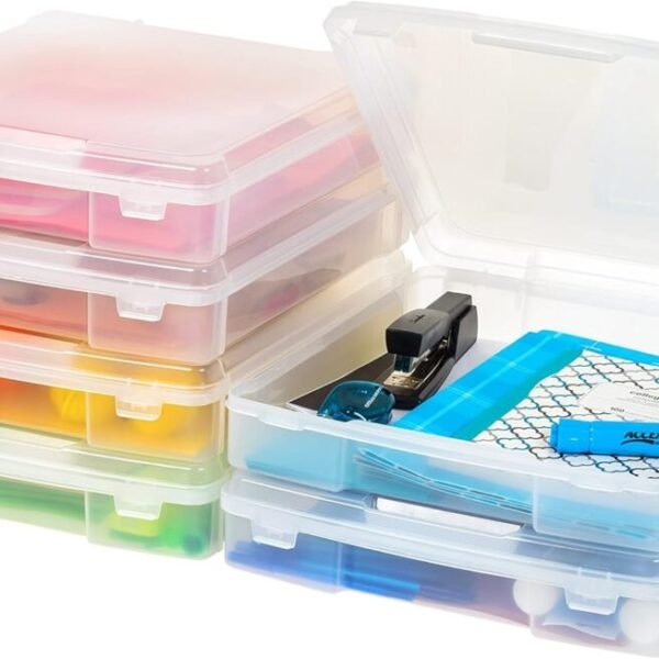 IRIS USA Fits 12" x 12", Thick Portable Plastic Scrapbook Paper Storage Cases Organizers with Built-in Handle for Art Craft Supplies Yarn File Documents Toys, Rounded Corner, Clear, 6-Pack