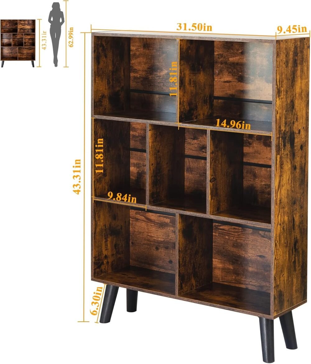 LEYAOYAO Cube Bookshelf 3 Tier Mid-Century Rustic Brown Modern Bookcase with Legs,Retro Wood Bookshelves Storage Organizer Shelf,Freestanding Open Book Shelves for Bedroom,Living Room,Office - Image 2