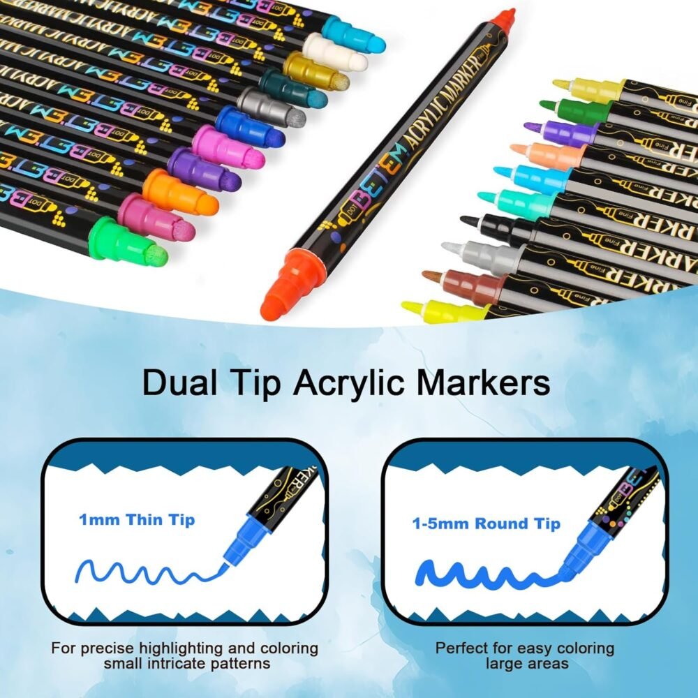 Betem 24 Colors Dual Tip Acrylic Paint Pens Markers, Premium Acrylic Paint Pens for Wood, Canvas, Stone, Rock Painting, Glass, Ceramic Surfaces, DIY Crafts Making Art Supplies  Arts, Crafts & Sewing - Image 3