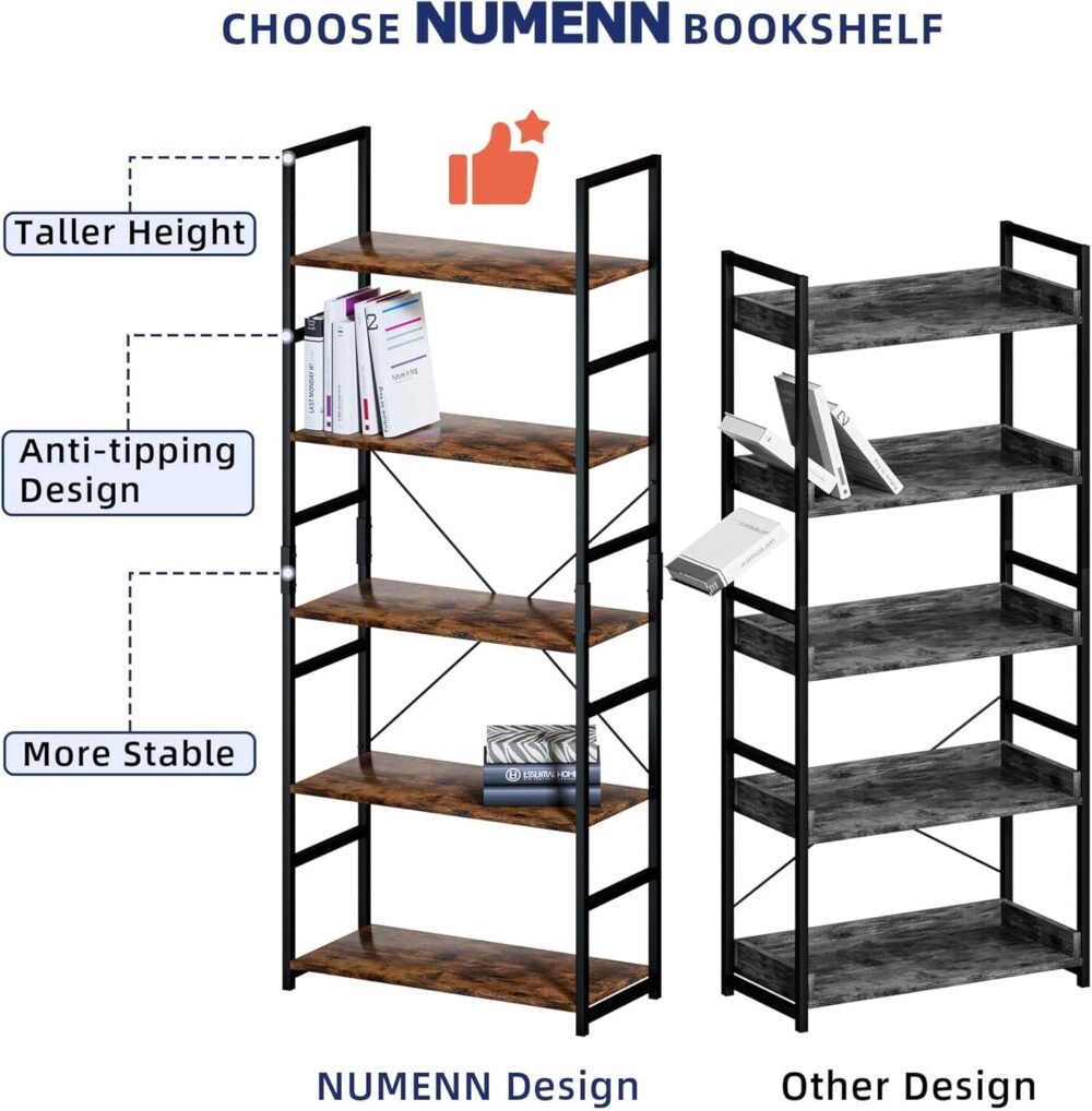 NUMENN 5 Tier Bookshelf, Tall Bookcase Shelf Storage Organizer, Modern Book Shelf for Bedroom, Living Room and Home Office, Vintage - Image 7