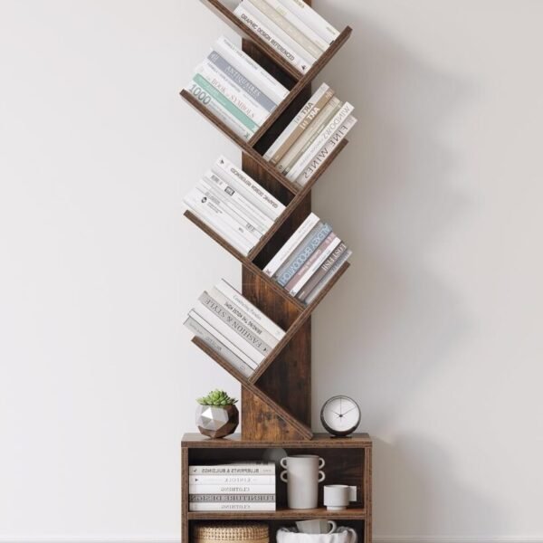 SUNMORY 6 Tier Tree Bookshelf, Small Bookcase with Storage Cabinet, Modern Tall Narrow Bookshelves Organizer, Floor Standing Book Shelf for Bedroom/Living Room/Home Office/Corner, Rustic Brown