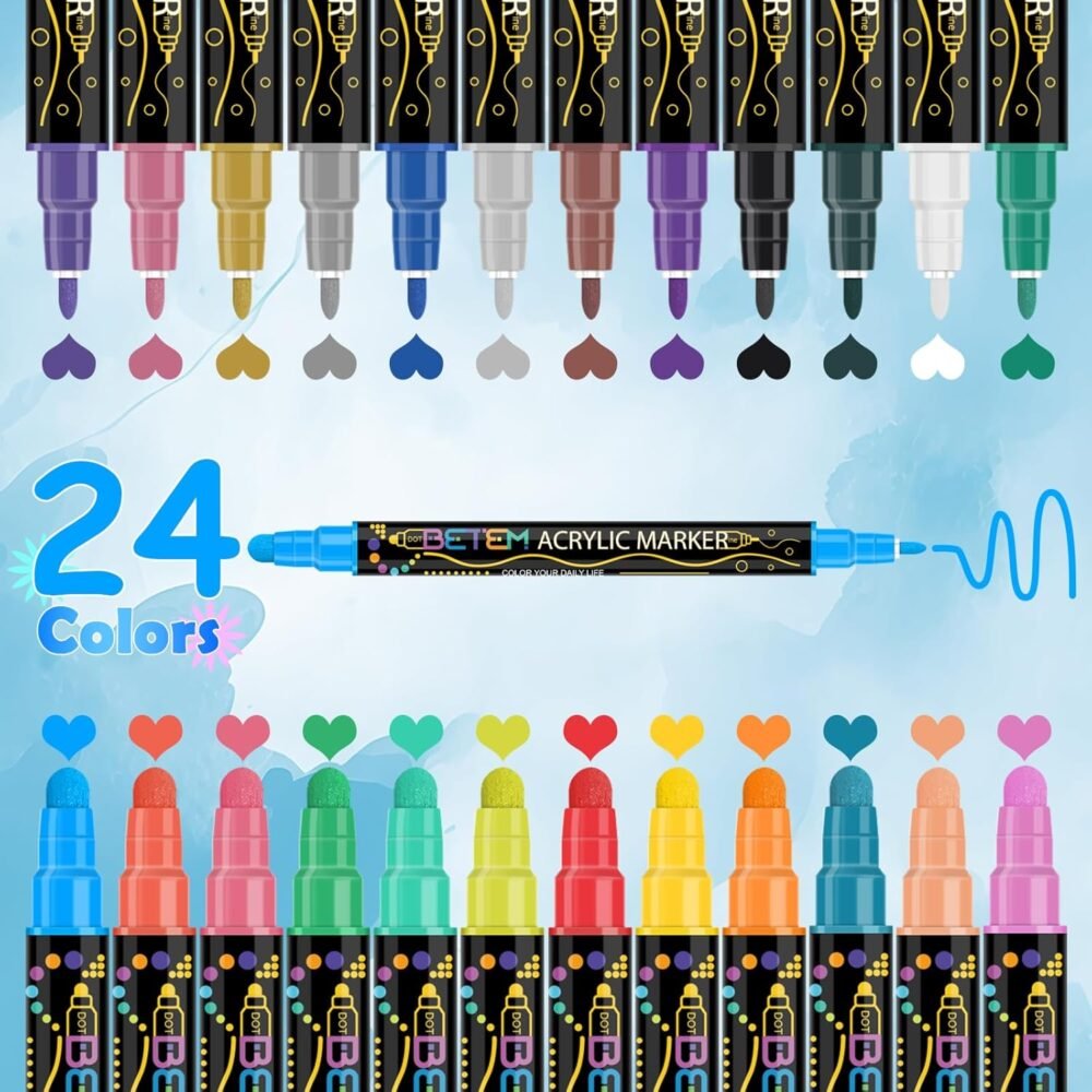 Betem 24 Colors Dual Tip Acrylic Paint Pens Markers, Premium Acrylic Paint Pens for Wood, Canvas, Stone, Rock Painting, Glass, Ceramic Surfaces, DIY Crafts Making Art Supplies  Arts, Crafts & Sewing - Image 4