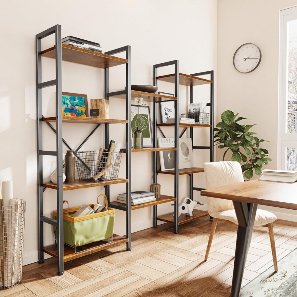 SUPERJARE Triple 4 Tier Bookshelf, Bookcase with 11 Open Display Shelves, Wide Book Shelf Book Case for Home & Office, Rustic Brown - Image 8