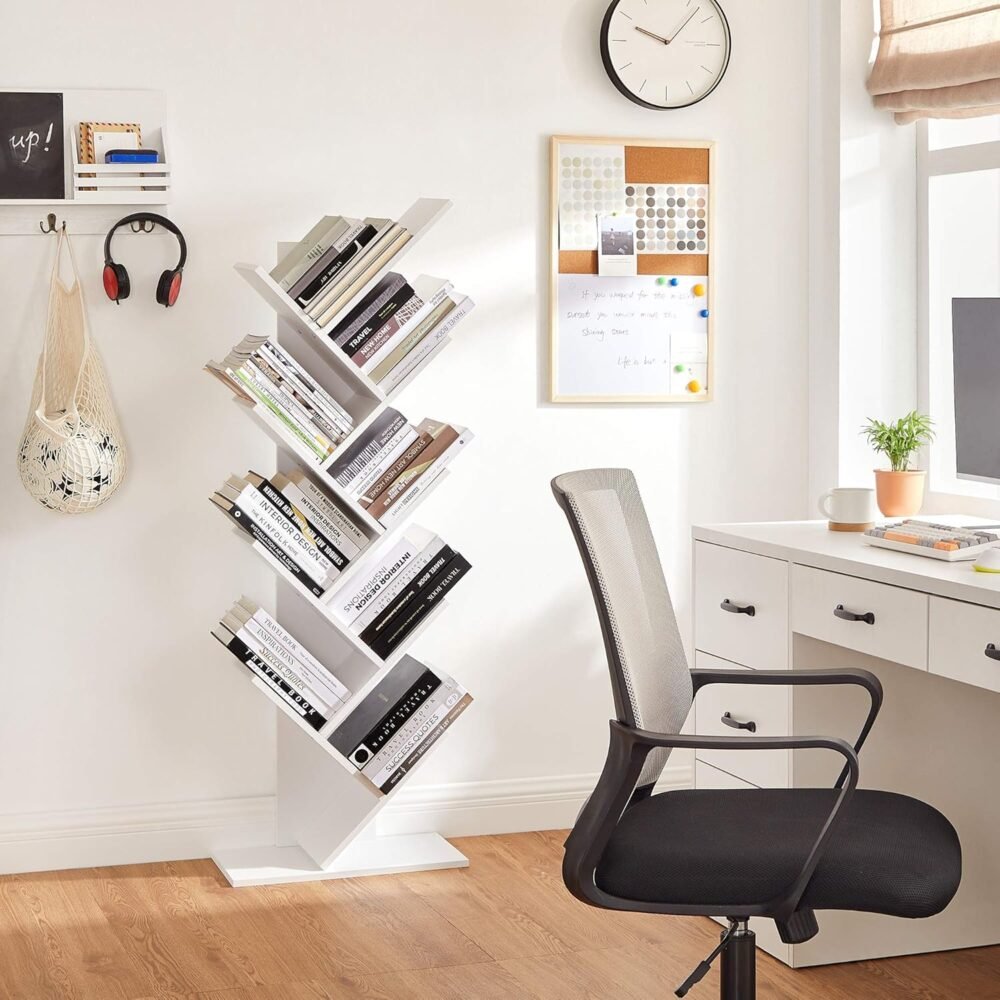 VASAGLE Tree Bookshelf, 9-Tier Bookcase, Large Bookshelf, Space-Saving Corner Shelf, Book Tree, Holds Books, CDs, Games, for Bedroom, Living Room, Home Office, Cloud White - Image 2