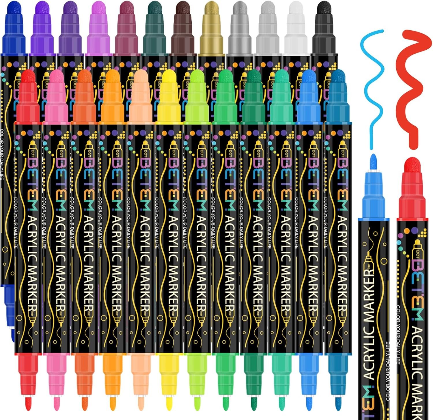 Betem 24 Colors Dual Tip Acrylic Paint Pens Markers, Premium Acrylic Paint Pens for Wood, Canvas, Stone, Rock Painting, Glass, Ceramic Surfaces, DIY Crafts Making Art Supplies Arts, Crafts & Sewing
