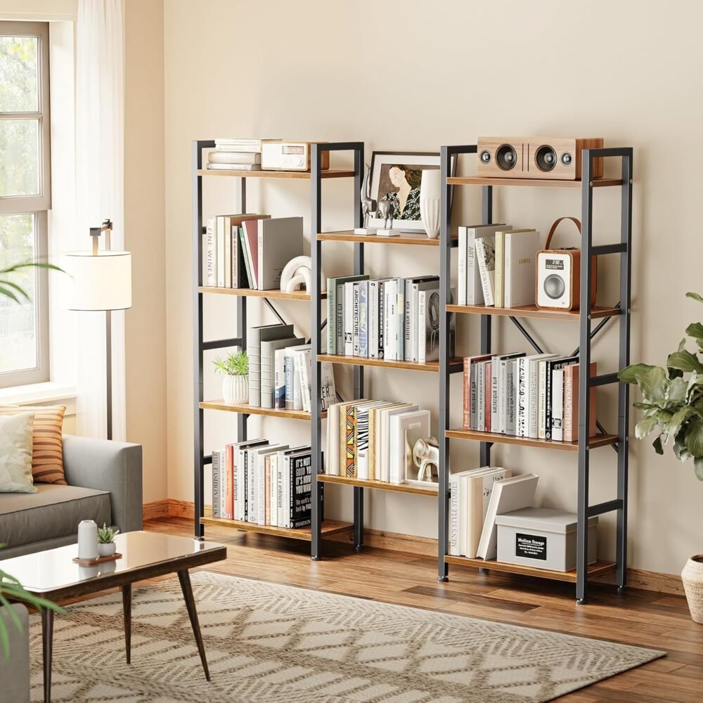 SUPERJARE Triple 4 Tier Bookshelf, Bookcase with 11 Open Display Shelves, Wide Book Shelf Book Case for Home & Office, Rustic Brown - Image 2