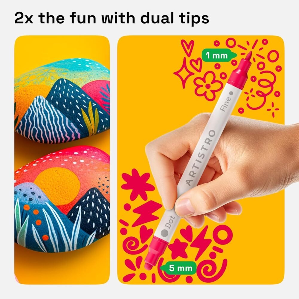 ARTISTRO 24 Dual Tip Acrylic Paint Markers, Acrylic Paint Pens, Fabric Markers for Textile, Rock, Glass, Wood, Paper, Ceramic, Canvas DIY Art Supplies Kit for Kids and Adults (Dual Tip Dot + Fine, 24)  Arts, Crafts & Sewing - Image 2
