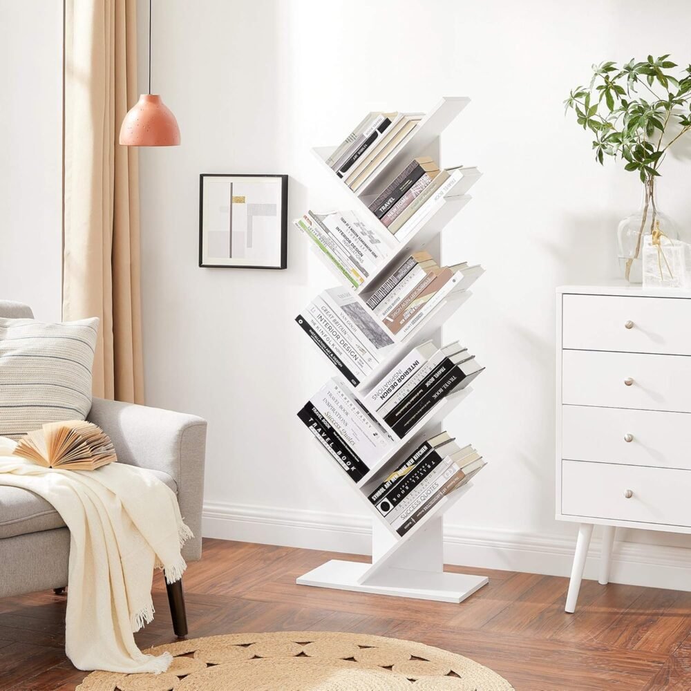 VASAGLE Tree Bookshelf, 9-Tier Bookcase, Large Bookshelf, Space-Saving Corner Shelf, Book Tree, Holds Books, CDs, Games, for Bedroom, Living Room, Home Office, Cloud White - Image 4
