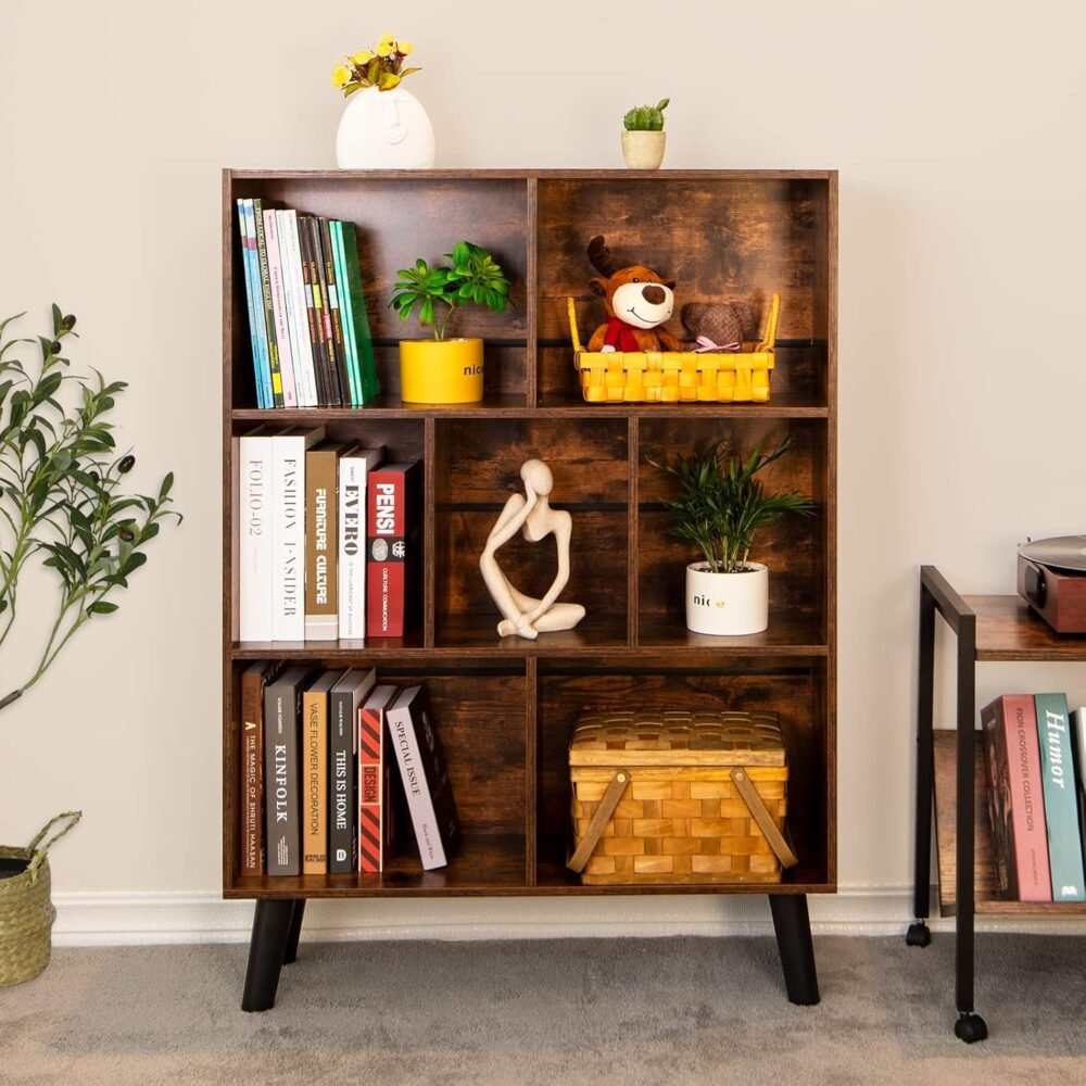 LEYAOYAO Cube Bookshelf 3 Tier Mid-Century Rustic Brown Modern Bookcase with Legs,Retro Wood Bookshelves Storage Organizer Shelf,Freestanding Open Book Shelves for Bedroom,Living Room,Office - Image 8