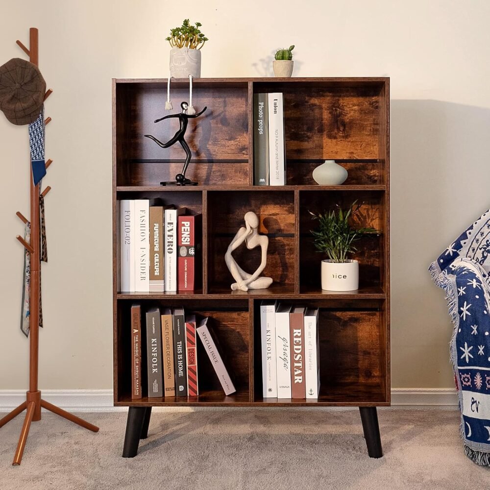 LEYAOYAO Cube Bookshelf 3 Tier Mid-Century Rustic Brown Modern Bookcase with Legs,Retro Wood Bookshelves Storage Organizer Shelf,Freestanding Open Book Shelves for Bedroom,Living Room,Office - Image 3
