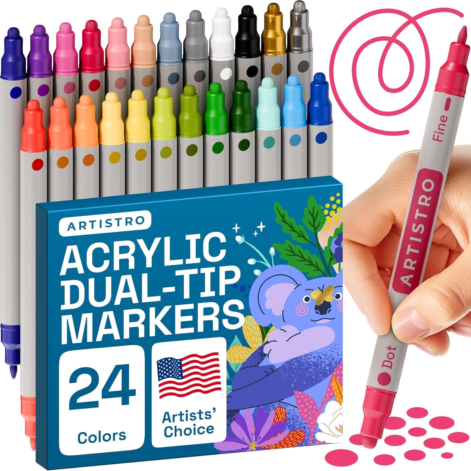 ARTISTRO 24 Dual Tip Acrylic Paint Markers, Acrylic Paint Pens, Fabric Markers for Textile, Rock, Glass, Wood, Paper, Ceramic, Canvas DIY Art Supplies Kit for Kids and Adults (Dual Tip Dot + Fine, 24) Arts, Crafts & Sewing