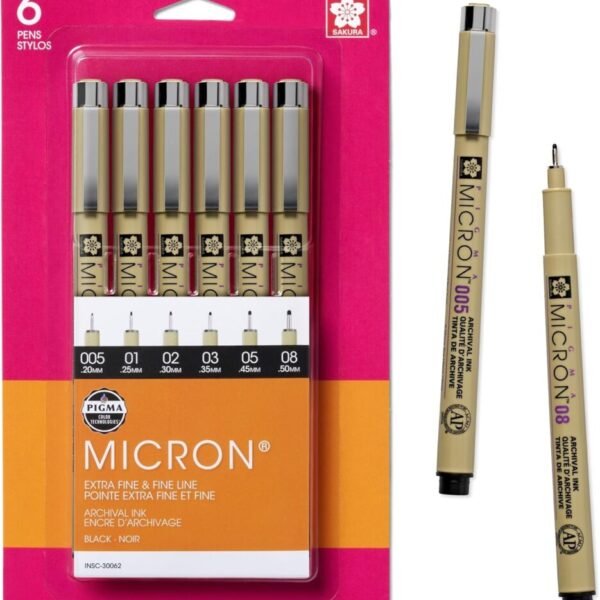 SAKURA Pigma Micron Fineliner Pens - Archival Black Ink Pens - Pens for Writing, Drawing, or Bullet Journaling - Assorted Point Sizes - 6 Pack