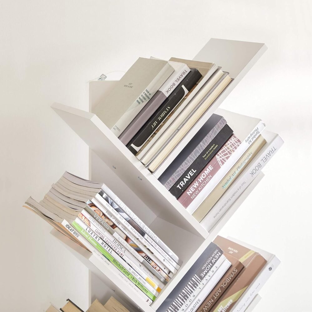 VASAGLE Tree Bookshelf, 9-Tier Bookcase, Large Bookshelf, Space-Saving Corner Shelf, Book Tree, Holds Books, CDs, Games, for Bedroom, Living Room, Home Office, Cloud White - Image 6