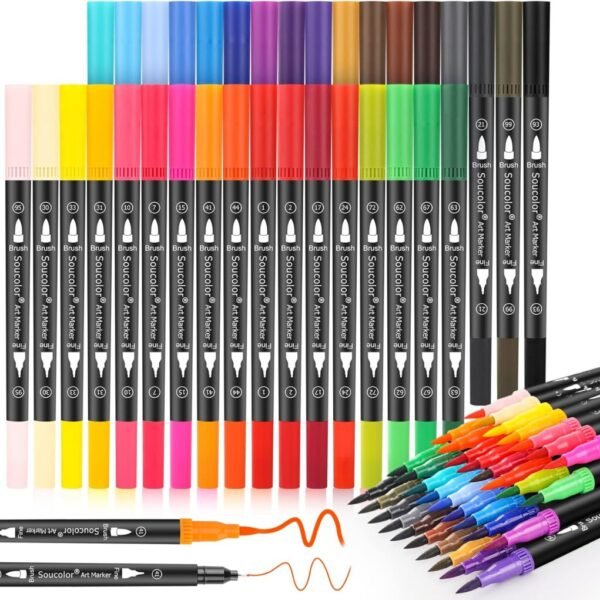 Soucolor Art Brush Markers Pens for Adult Coloring Books, School Supplies for Kids Teens, 34 Colors Numbered Dual Tip (Brush and Fine Point) Drawing Markers for Note Taking Planner Journal Calligraphy