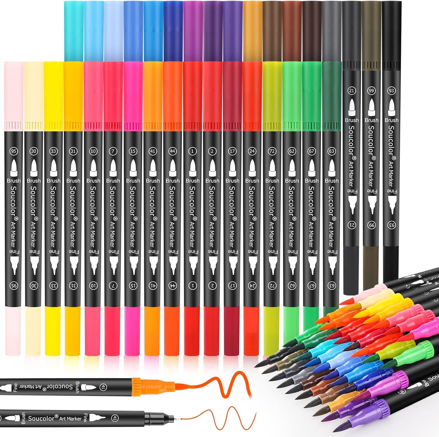 Soucolor Art Brush Markers Pens for Adult Coloring Books, School Supplies for Kids Teens, 34 Colors Numbered Dual Tip (Brush and Fine Point) Drawing Markers for Note Taking Planner Journal Calligraphy
