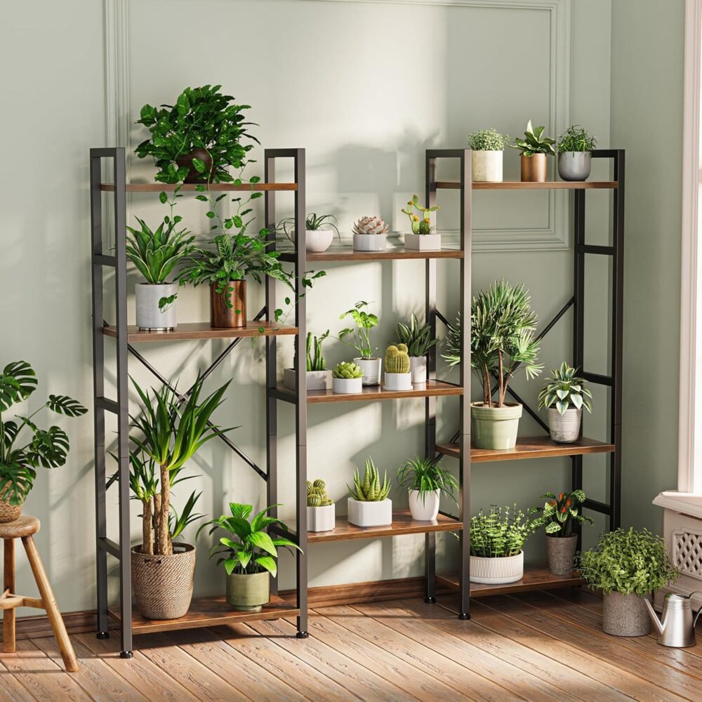 SUPERJARE Triple 4 Tier Bookshelf, Bookcase with 11 Open Display Shelves, Wide Book Shelf Book Case for Home & Office, Rustic Brown - Image 4