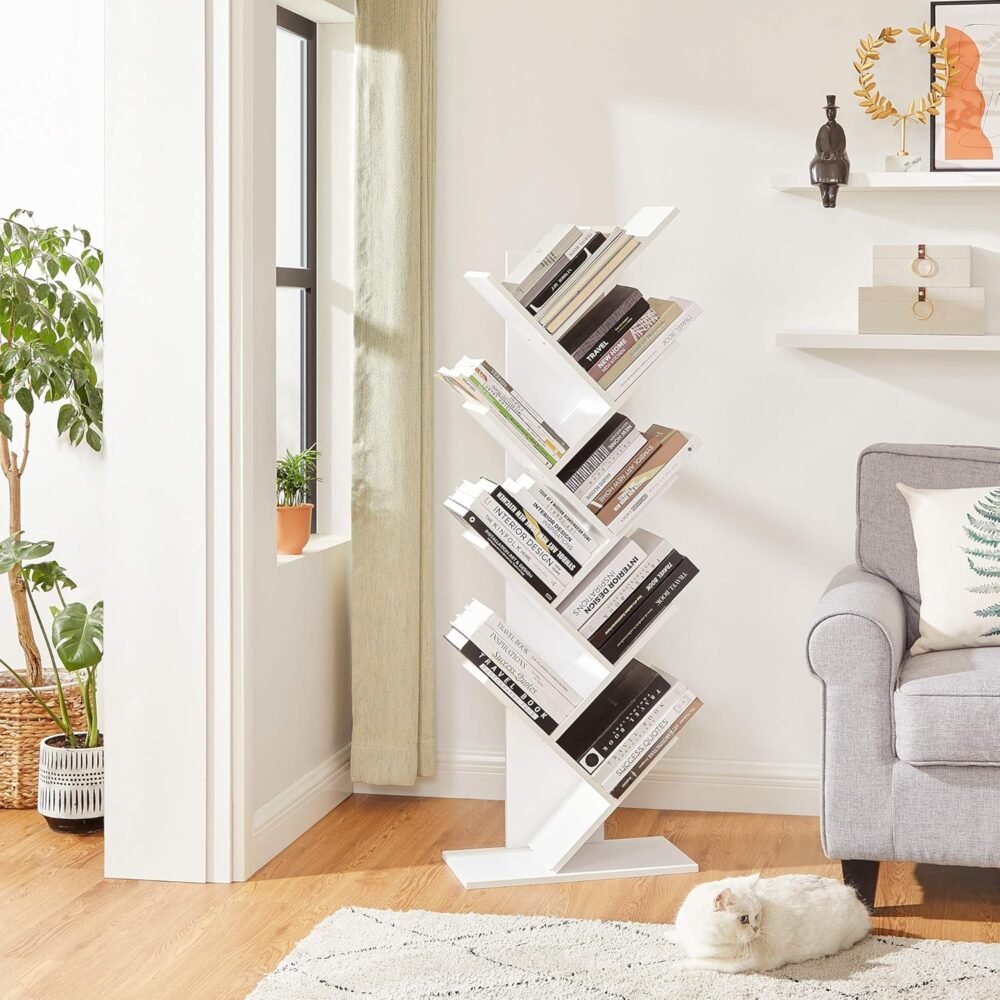 VASAGLE Tree Bookshelf, 9-Tier Bookcase, Large Bookshelf, Space-Saving Corner Shelf, Book Tree, Holds Books, CDs, Games, for Bedroom, Living Room, Home Office, Cloud White - Image 5