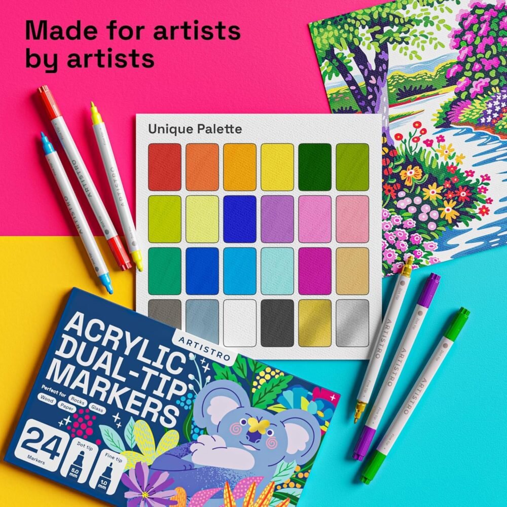 ARTISTRO 24 Dual Tip Acrylic Paint Markers, Acrylic Paint Pens, Fabric Markers for Textile, Rock, Glass, Wood, Paper, Ceramic, Canvas DIY Art Supplies Kit for Kids and Adults (Dual Tip Dot + Fine, 24)  Arts, Crafts & Sewing - Image 5
